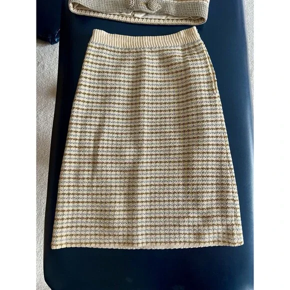 Vintage CISA OF ITALY Knit Cream Skirt Suit, Gold Silver Check Pattern, Size 10